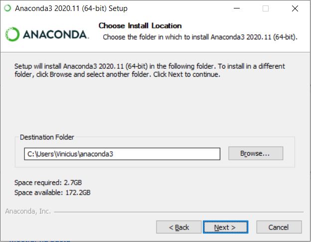 Escolha o caminho para instalar o anaconda