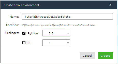 Criação de novo ambiente no anaconda