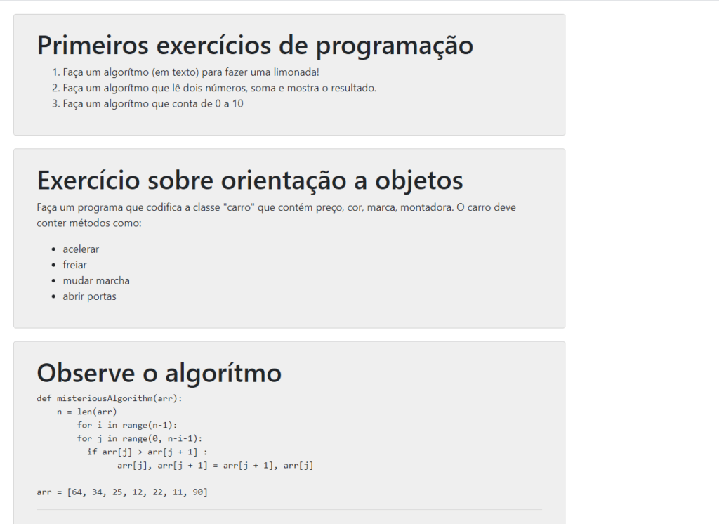 Exemplo de "cards" de exercícios criados usando bootstrap e lendo o markdown em arquivos de texto