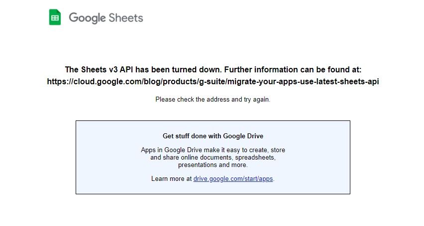 Página de erro da API V3 do google sheets api